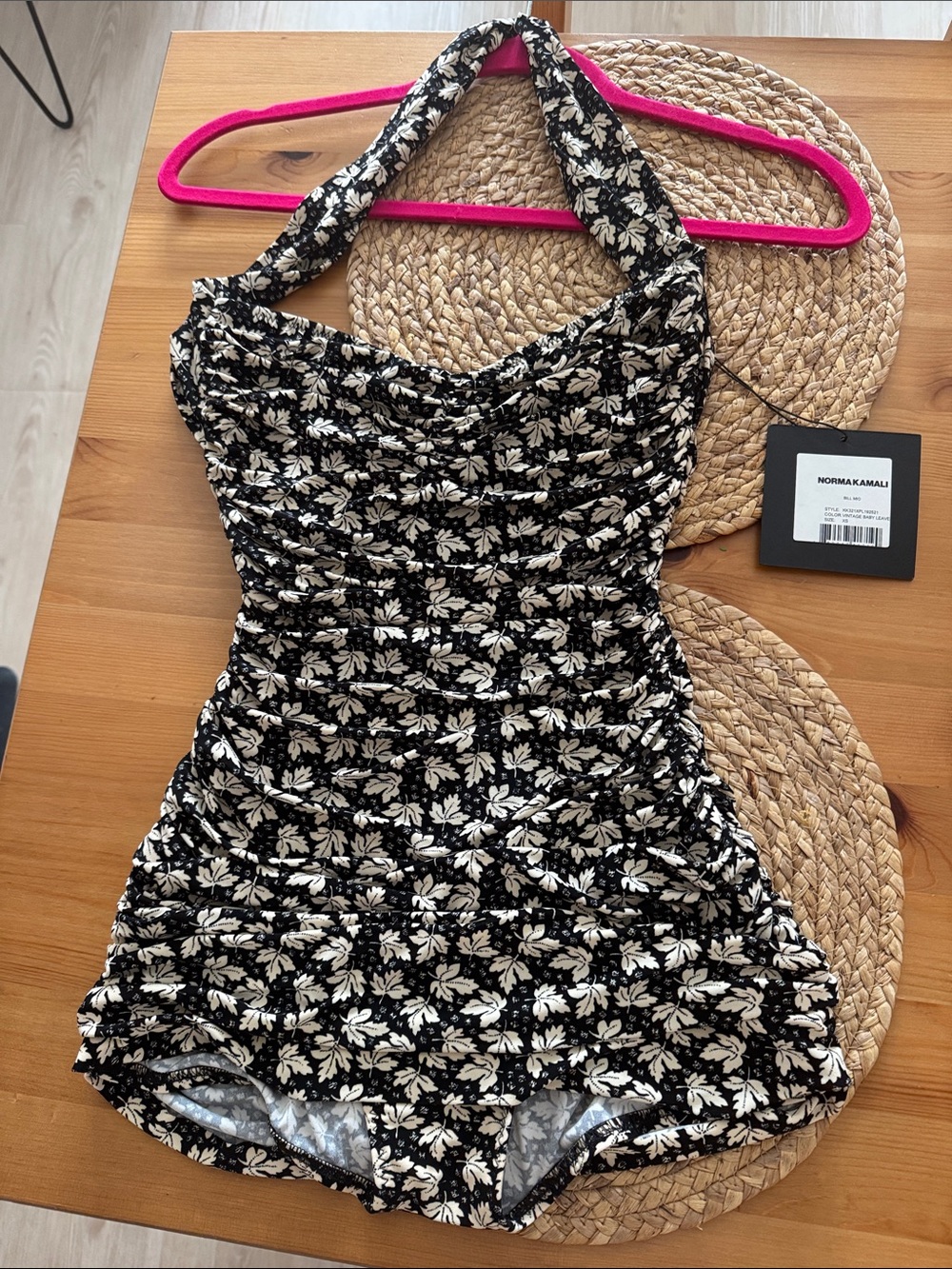 Norma Kamali Black and Cream Floral Ruched One-Piece